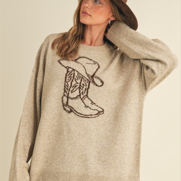 SIZE L! Cloud Ten!Cozy Beige Sweater with Cowboy Boot Design - Picture 4 of 10